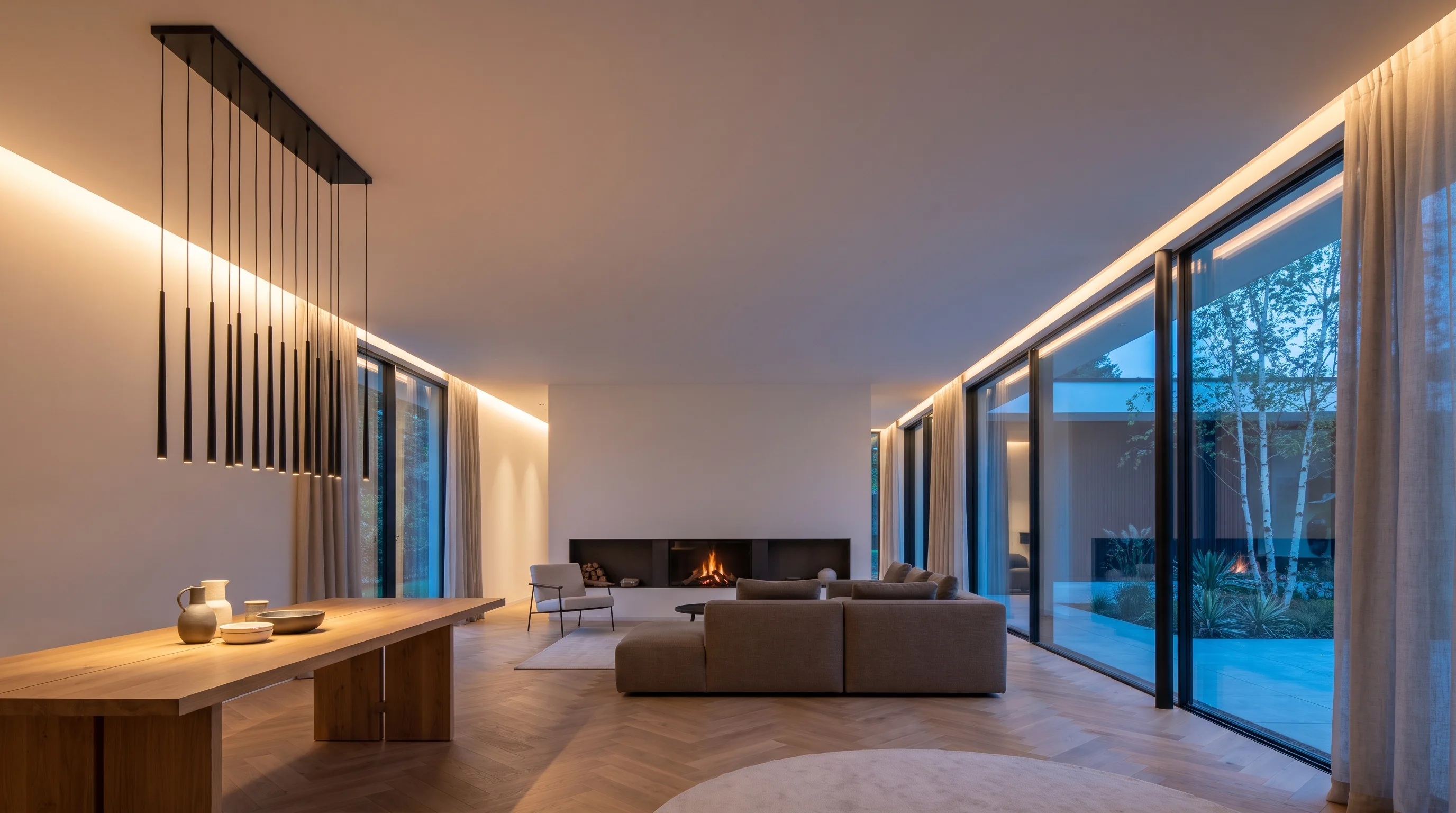 Woonkamer van een villa in de avond, met indirect licht langs het plafond
