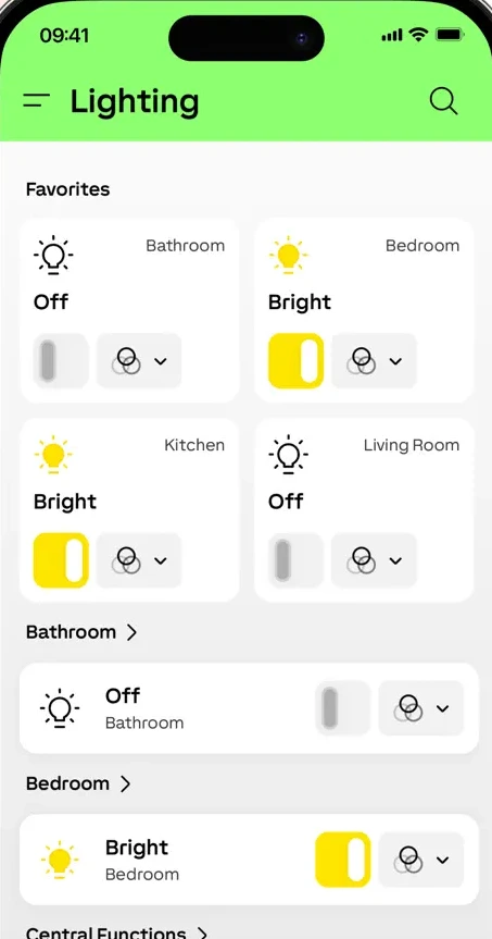 Loxone-app met de verlichting per kamer